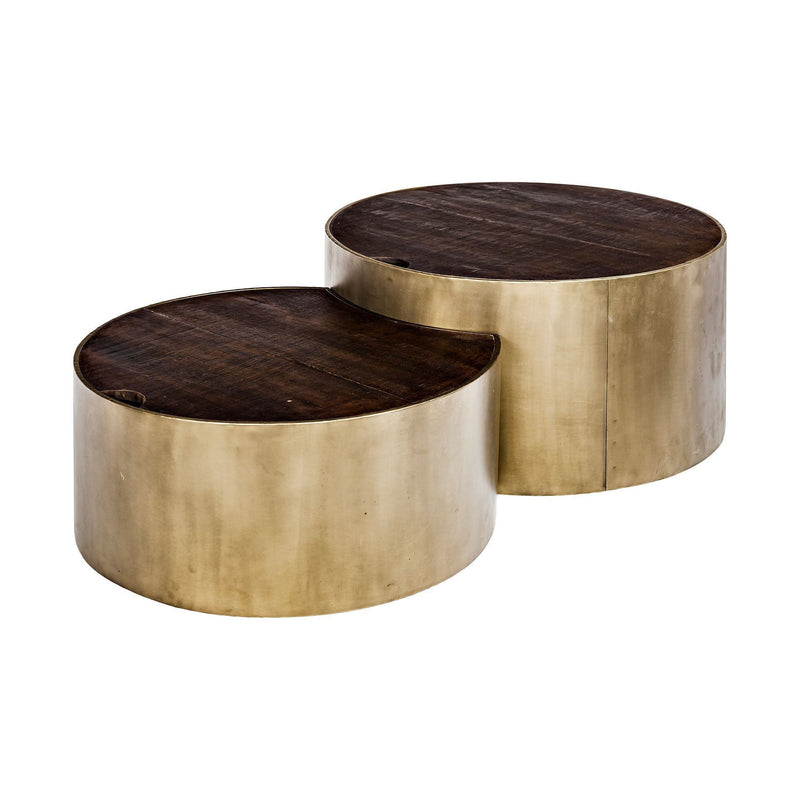 Round nesting coffee tables with dark wood tops and gold metal bases, stacked