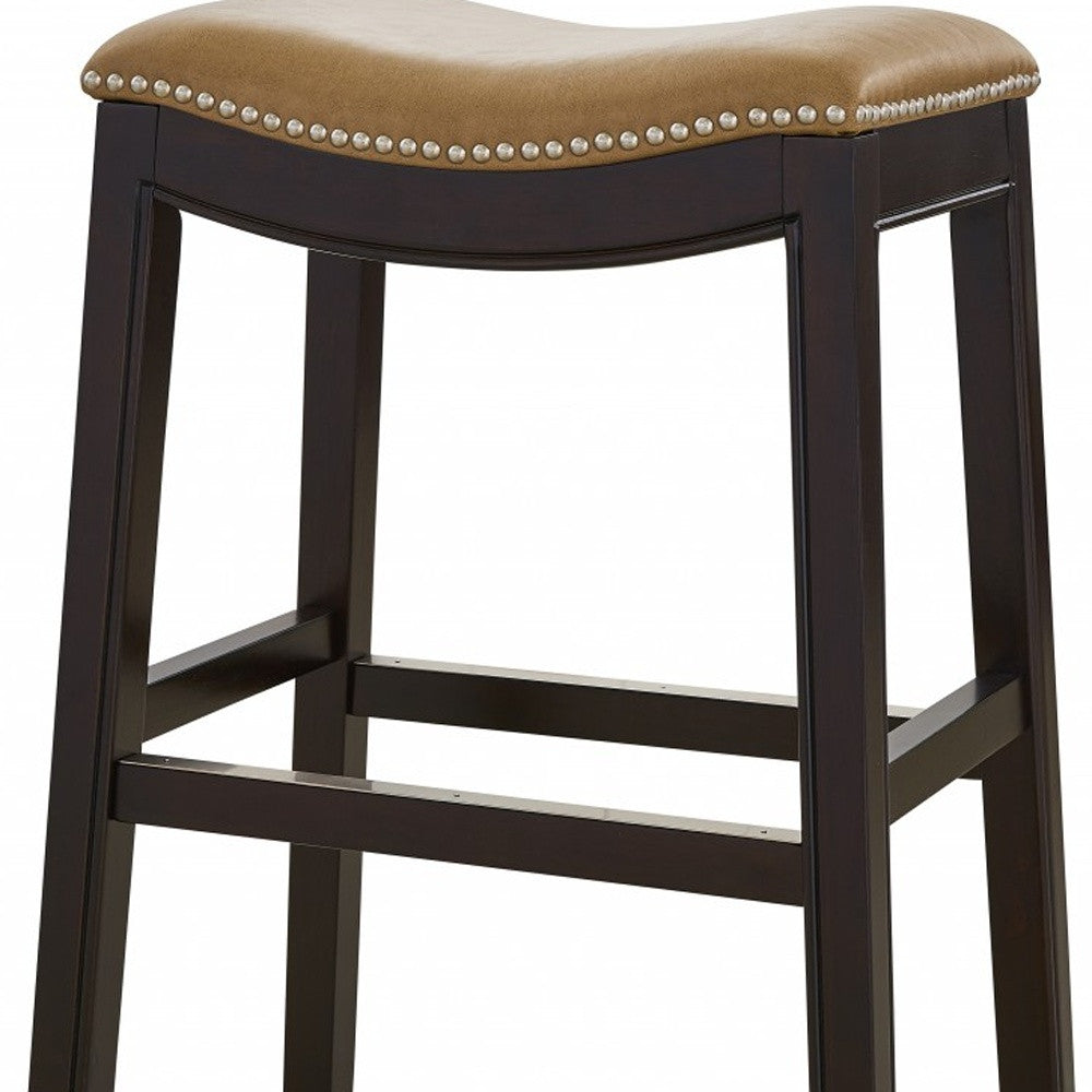 26" Tan And Espresso Solid Wood Backless Bar Height Bar Chair - Living Room