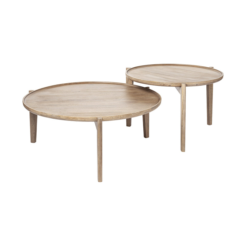 Round nested coffee tables with two light wood tops stacked, tapered legs