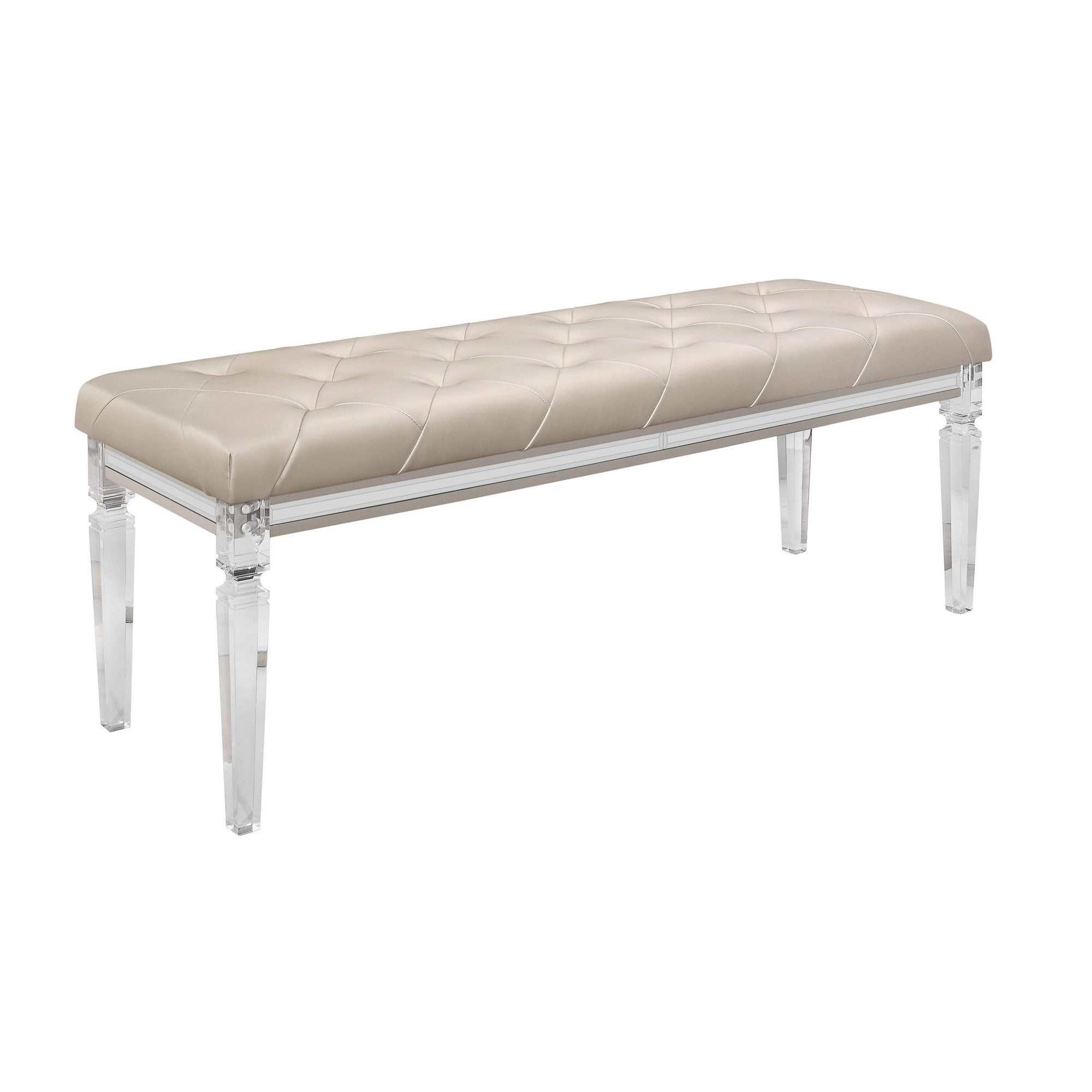 54" Champagne and Clear Upholstered Faux Leather Bench - Living Room