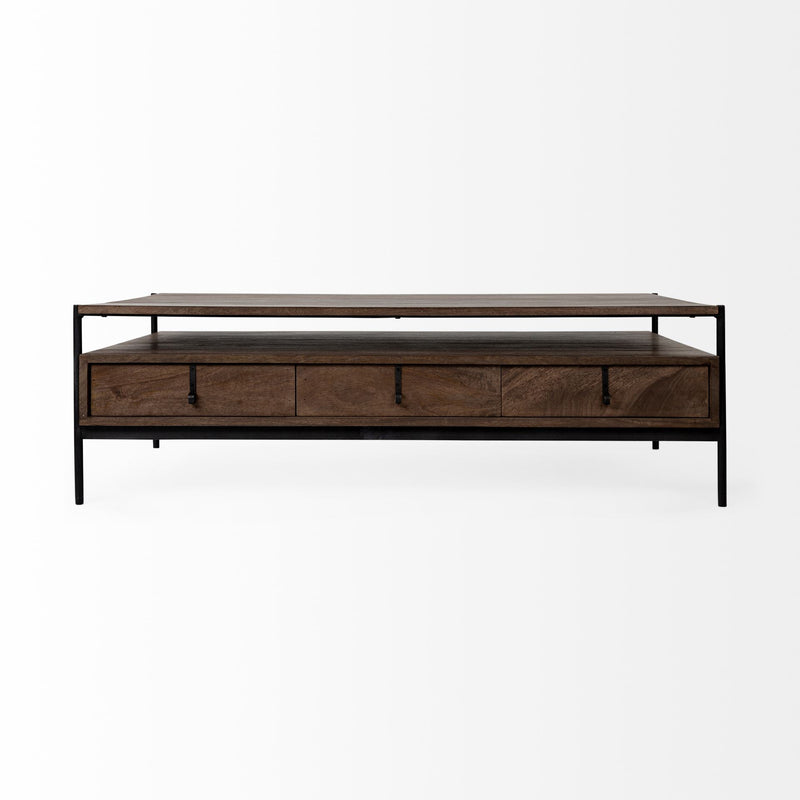 Brown and black coffee table with three drawers and black metal frame, wood tabletop