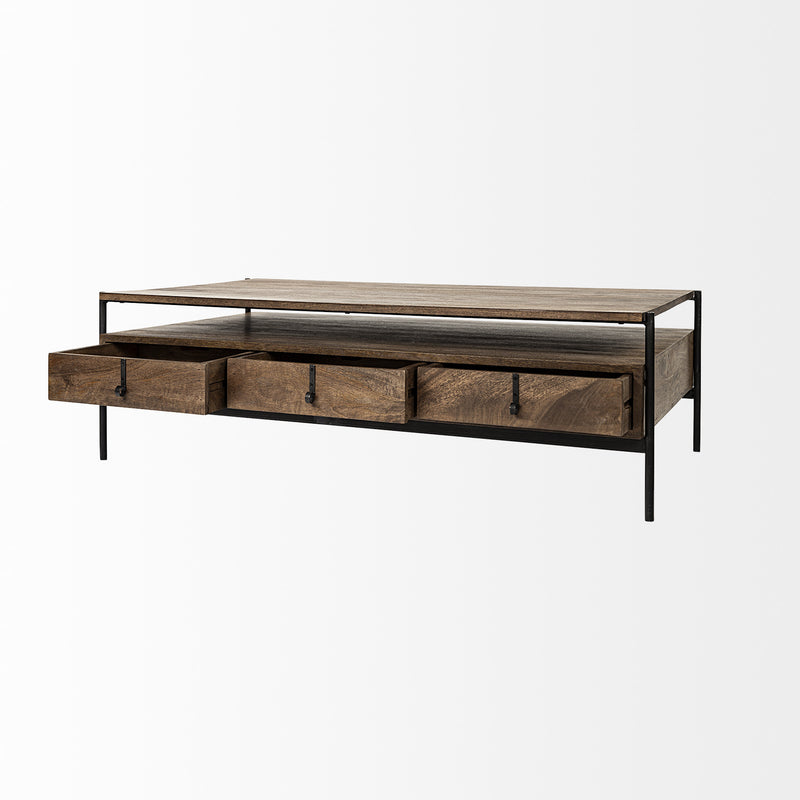 Brown and black coffee table showing three drawers, solid wood top, metal side supports