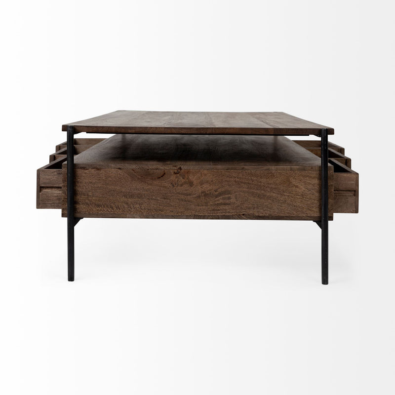 Brown and black coffee table with open top compartments and two drawer fronts