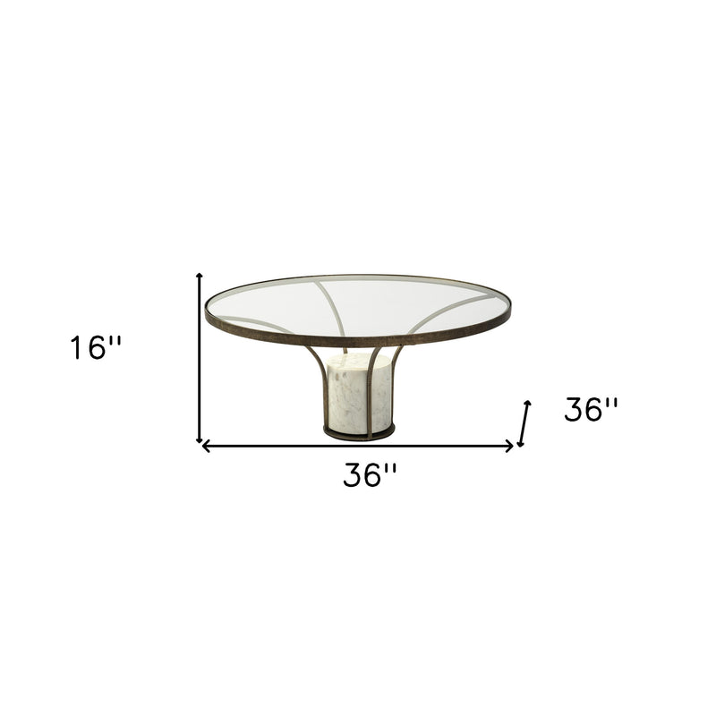 36-inch round glass pedestal coffee table with antiqued gold iron base and white marble column