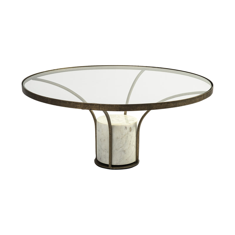 Round glass coffee table with antiqued gold iron frame and white marble pedestal base