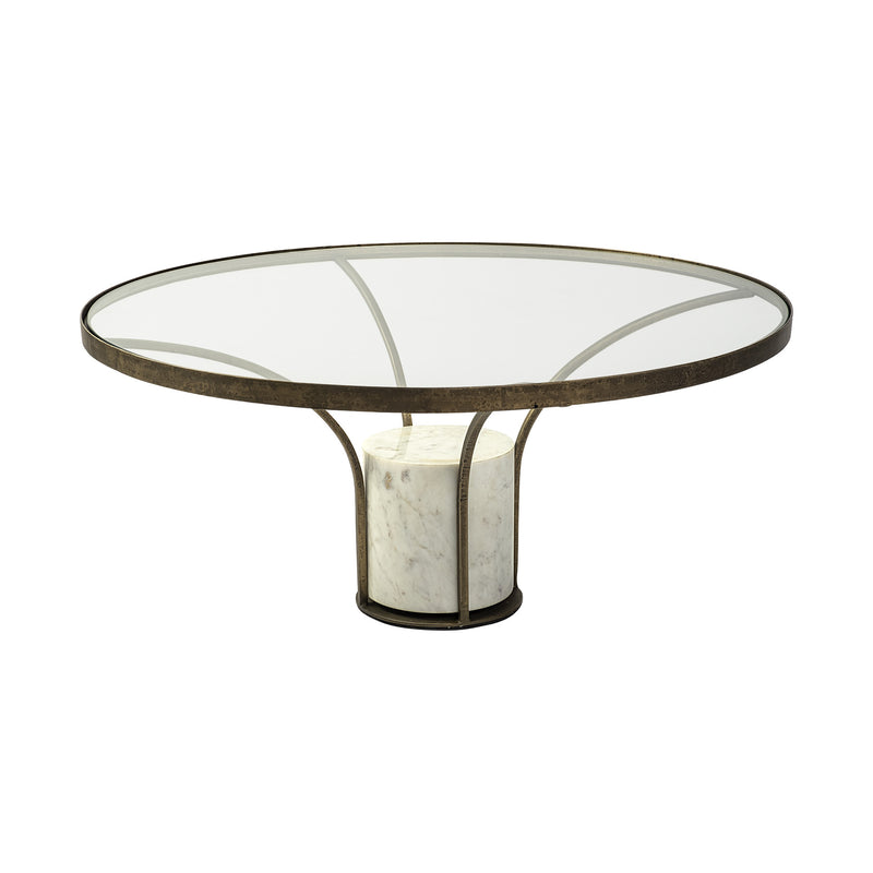 Round glass top coffee table on antiqued gold iron pedestal with white marble center column