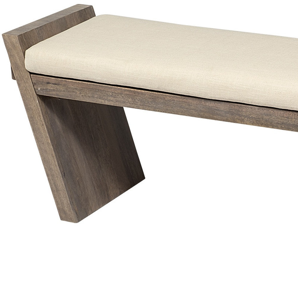 14" Cream and Brown Upholstered Linen Blend Bench - Living Room
