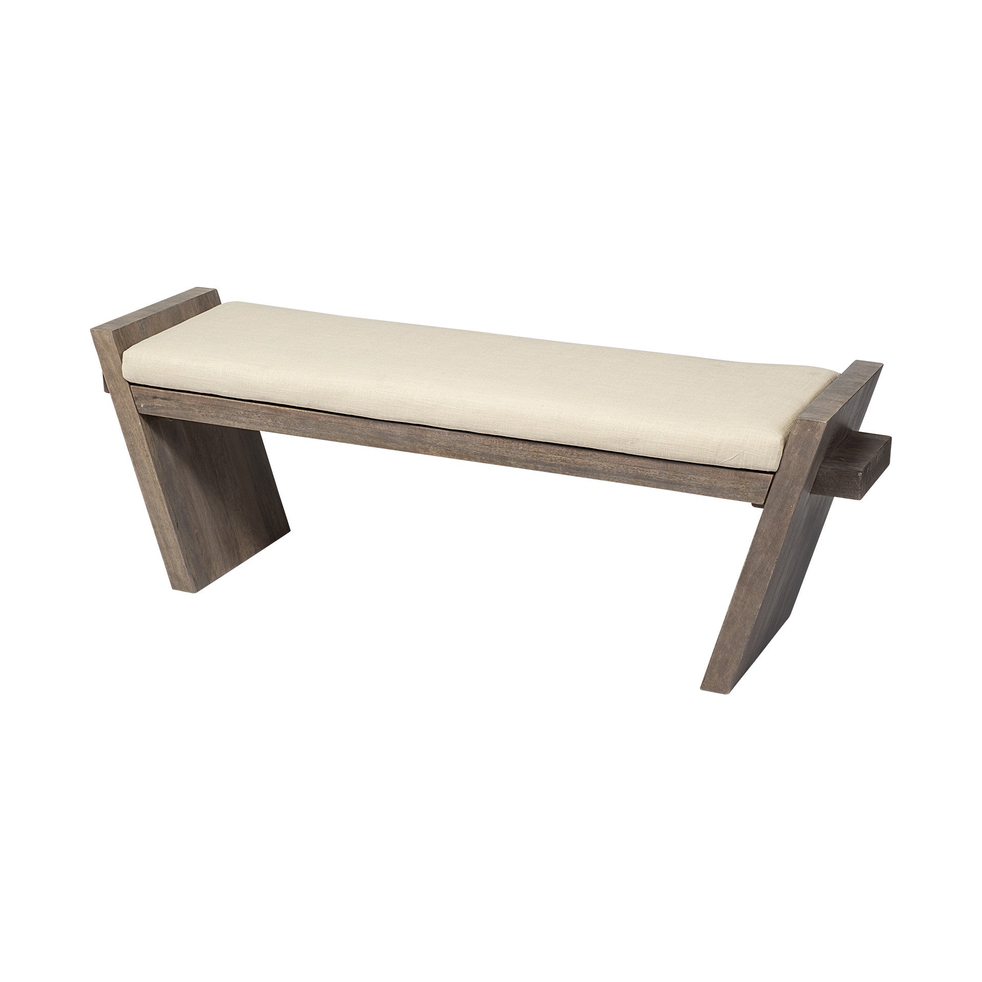 14" Cream and Brown Upholstered Linen Blend Bench - Living Room