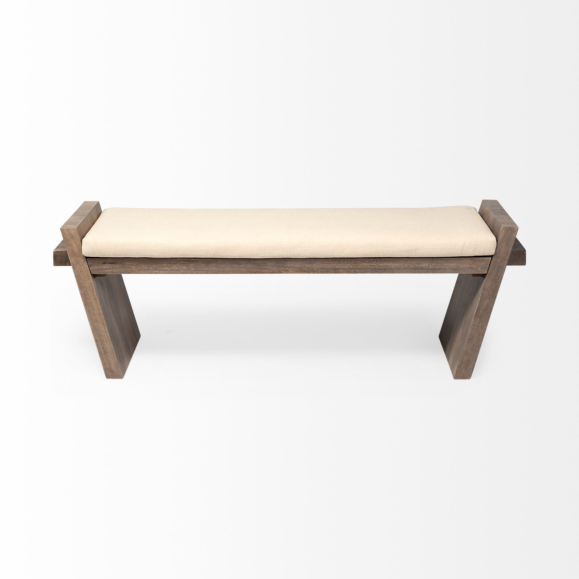 14" Cream and Brown Upholstered Linen Blend Bench - Living Room