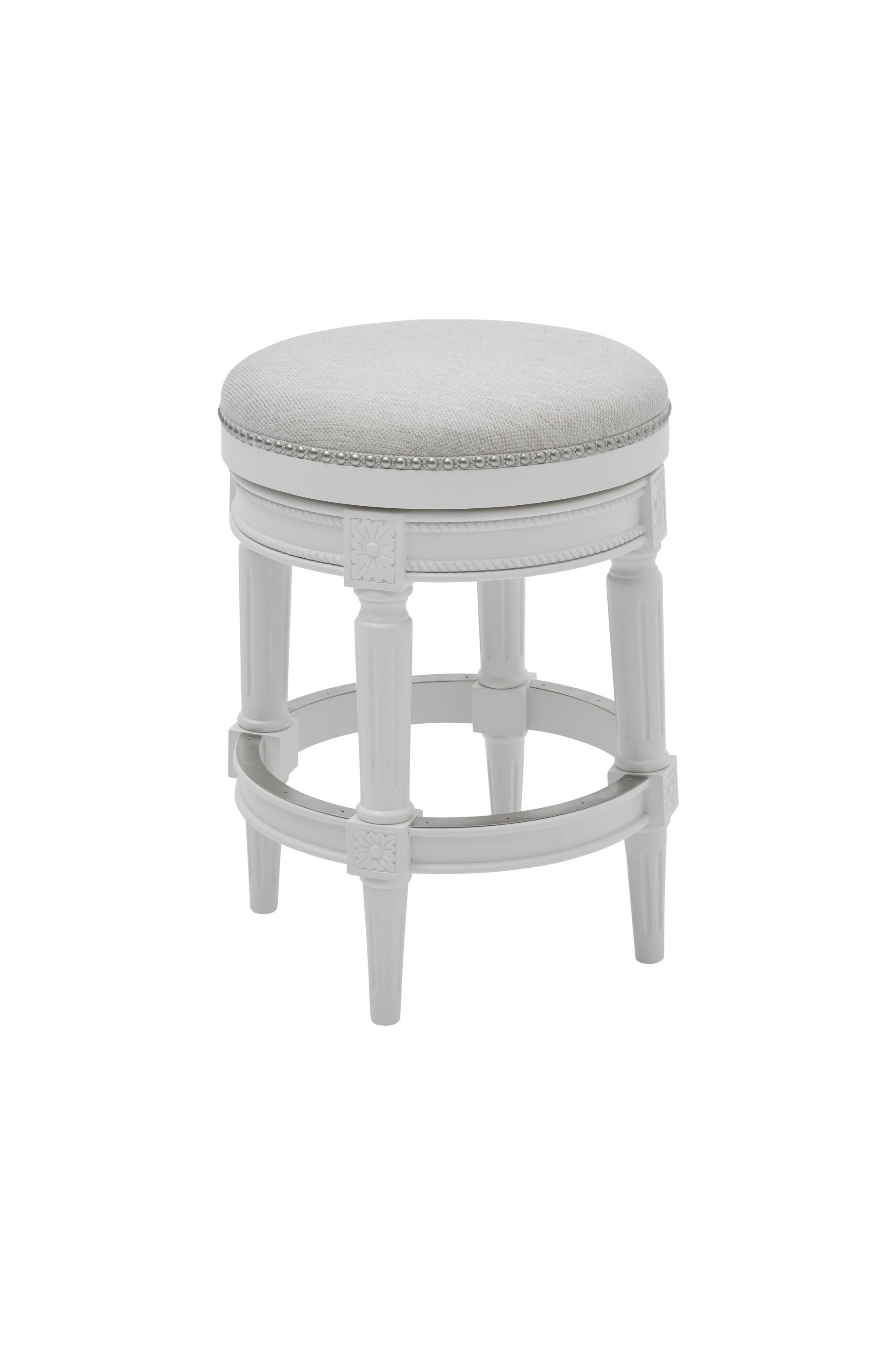 26" White Fabric And Solid Wood Backless Counter Height Swivel Bar Chair - Living Room