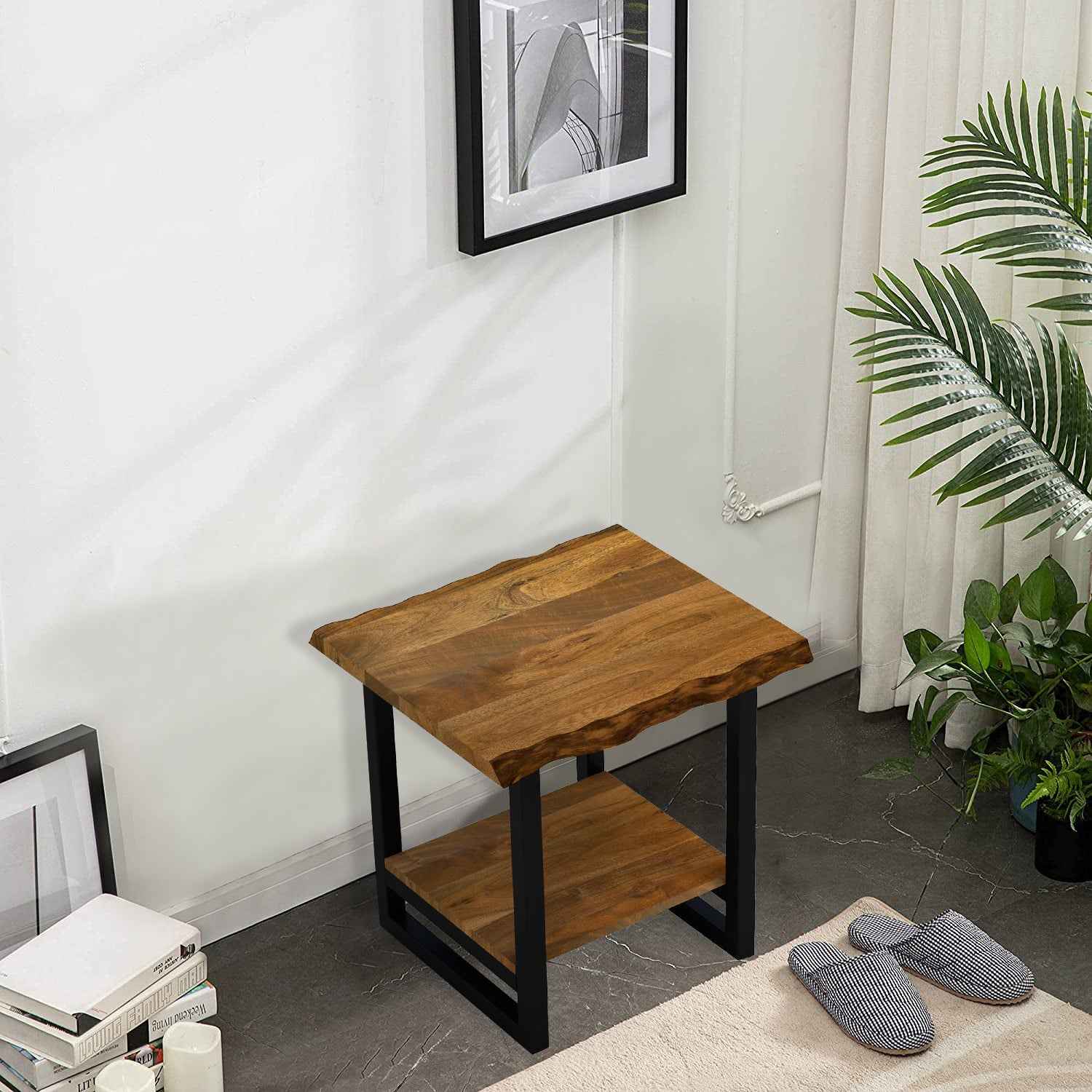24" Brown And Black Solid Wood And Iron Square Frame End Table With Shelf