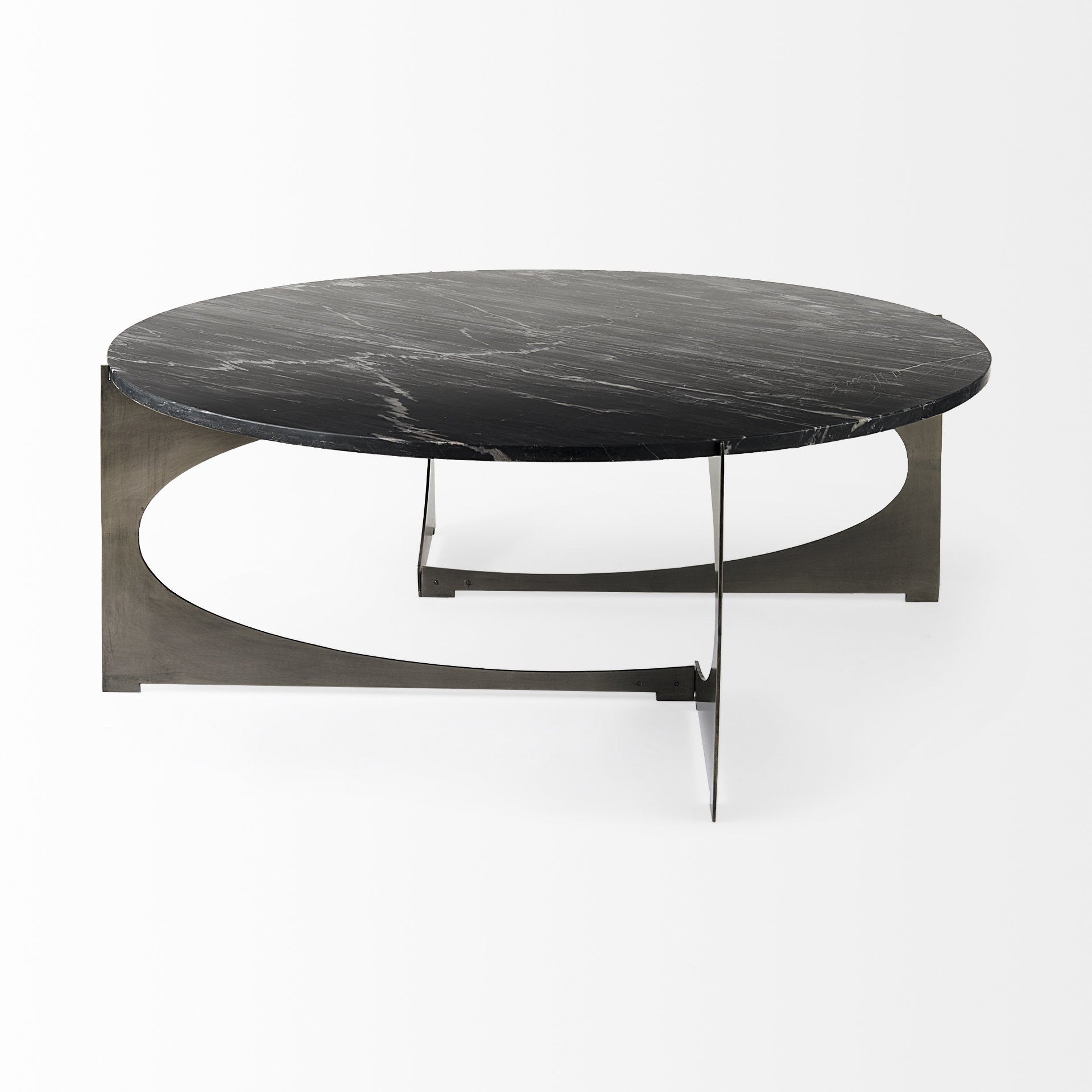 Black round marble top coffee table with black iron geometric base
