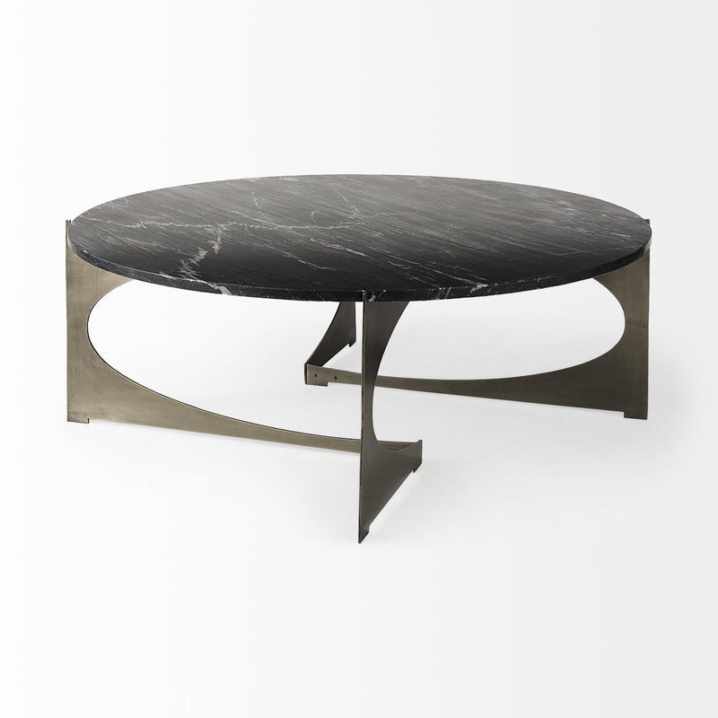 Black round marble coffee table with angular black iron legs and cross braces
