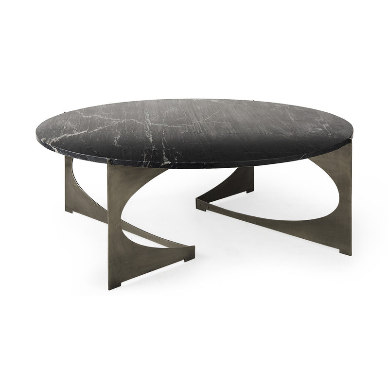 Black round marble coffee table with sculptural black iron base supports