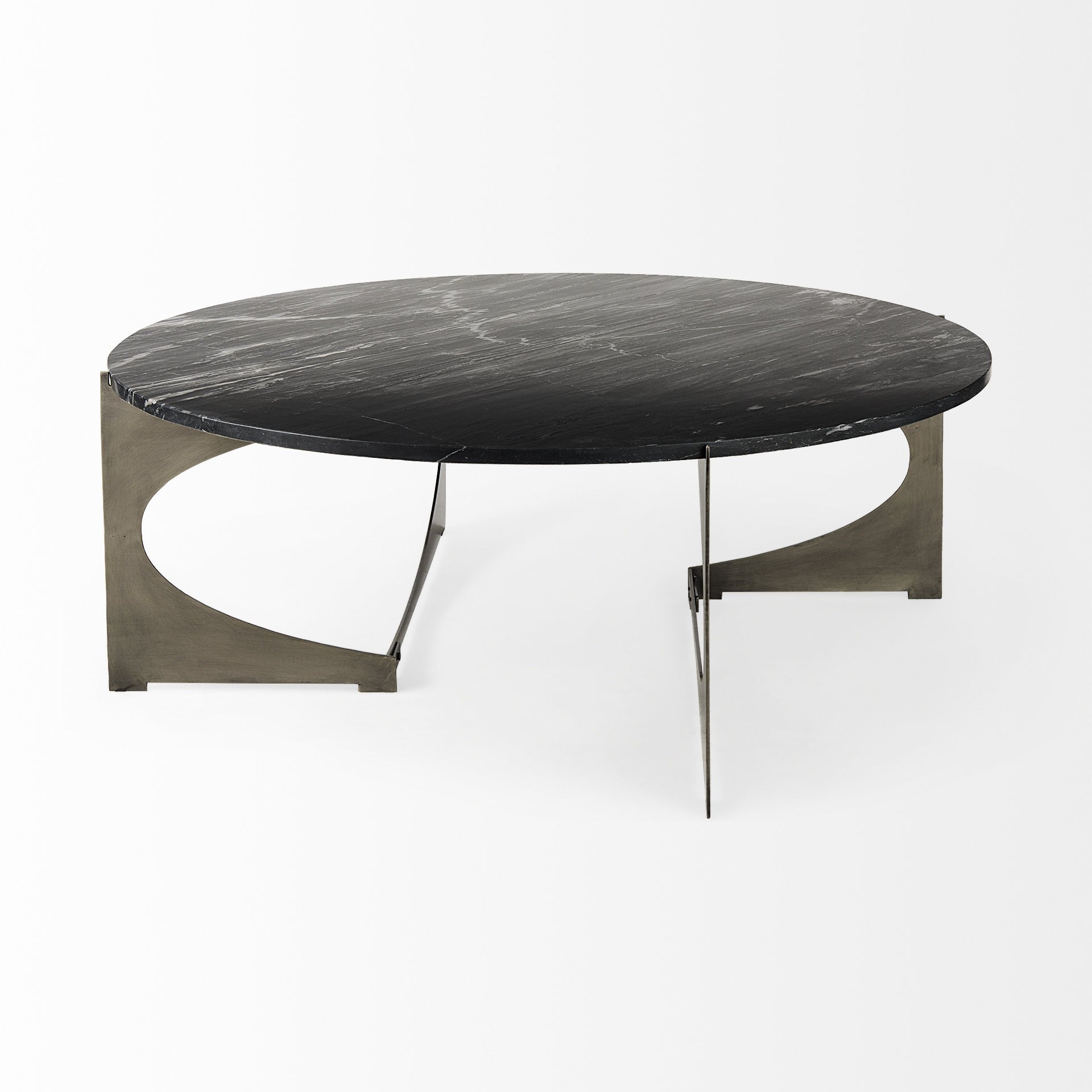 Black round marble coffee table with black iron frame and thin hanging leg