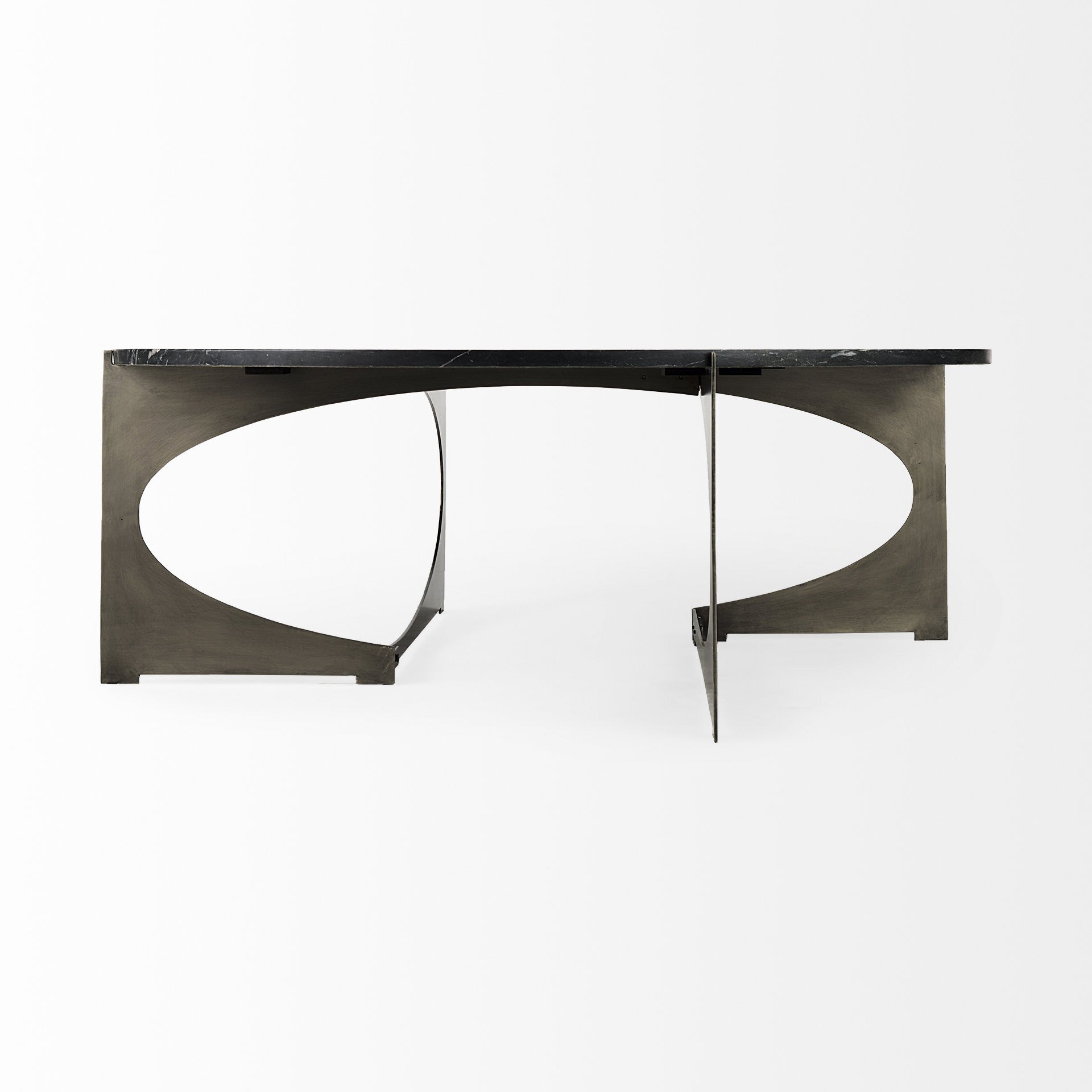Underside view of black round marble coffee table with black iron supports