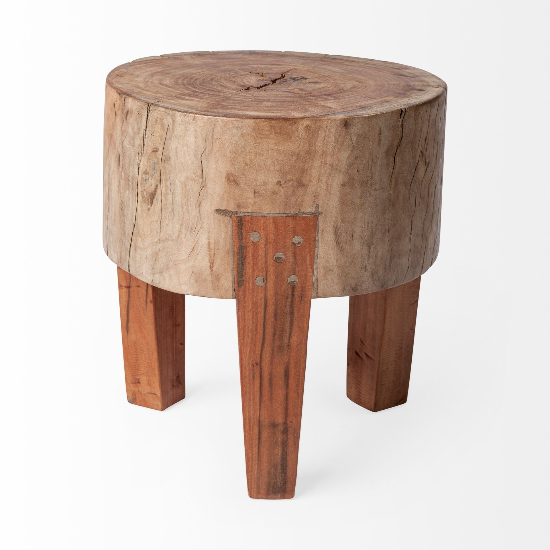 15" Dark Brown And Brown Distressed Reclaimed Wood Round End Table - Living Room