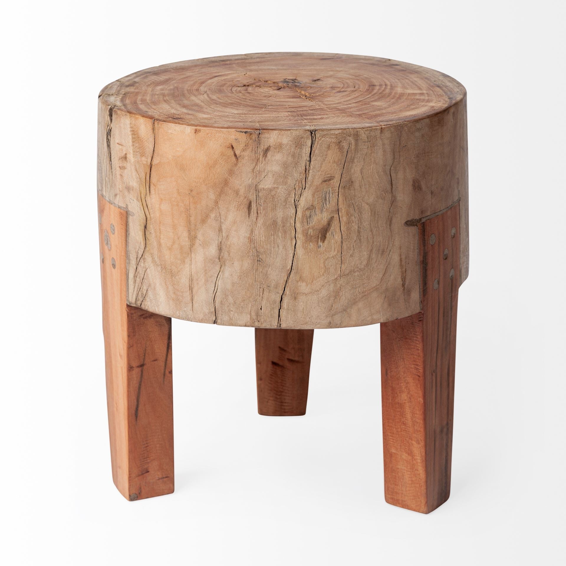 15" Dark Brown And Brown Distressed Reclaimed Wood Round End Table - Living Room