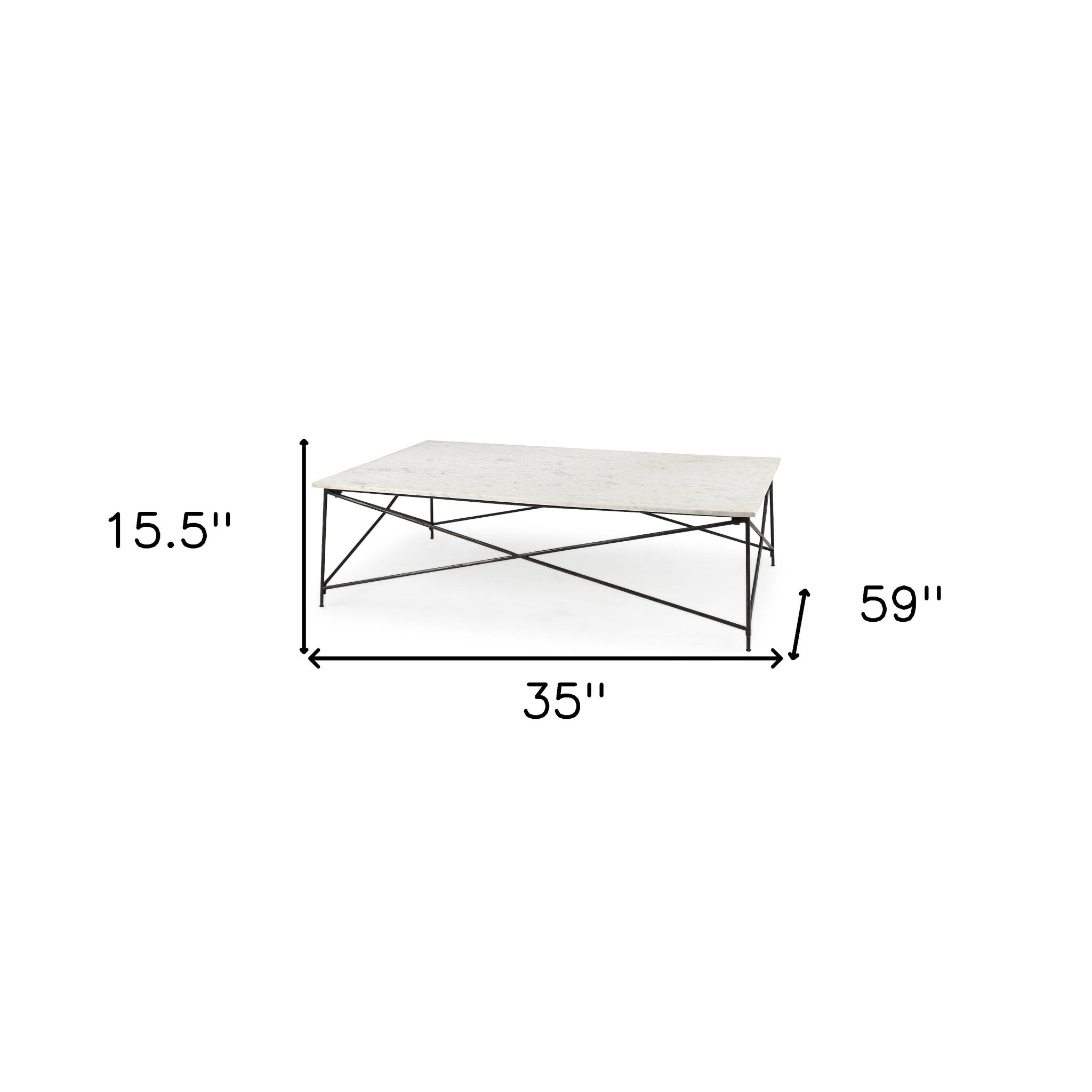 Coffee table 35"W x 59"L x 15.5"H; white marble top, black metal frame