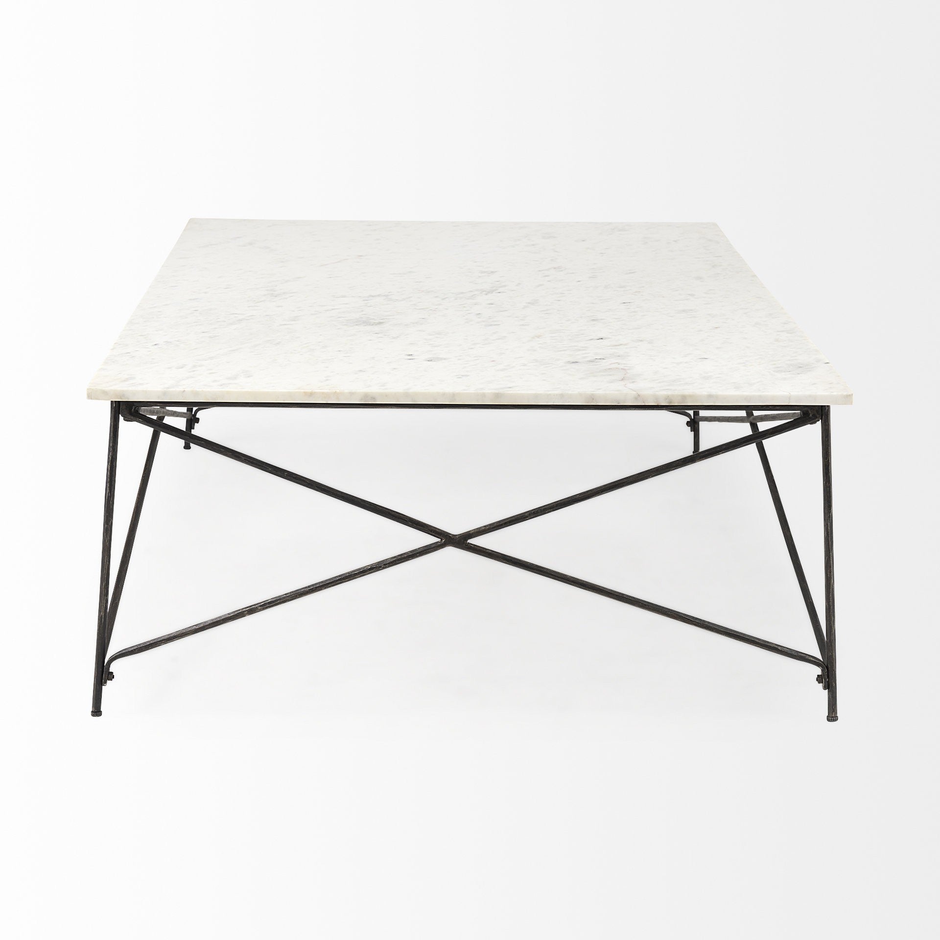 White marble top coffee table with black metal cross-brace frame