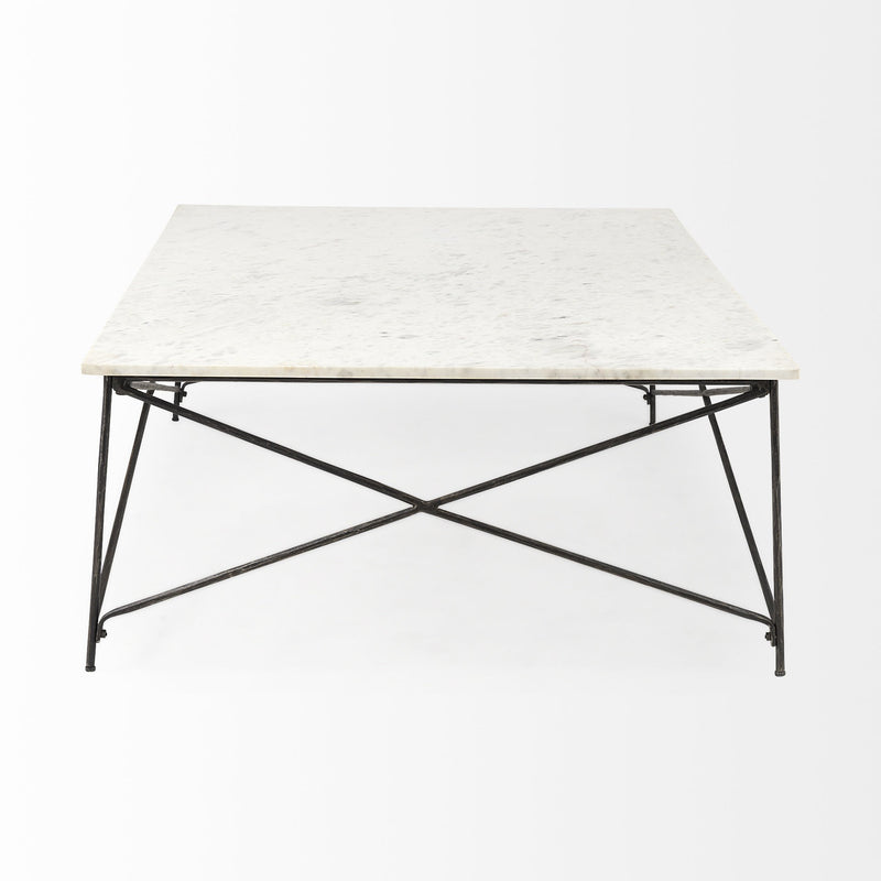 White marble top coffee table with black metal cross-brace frame