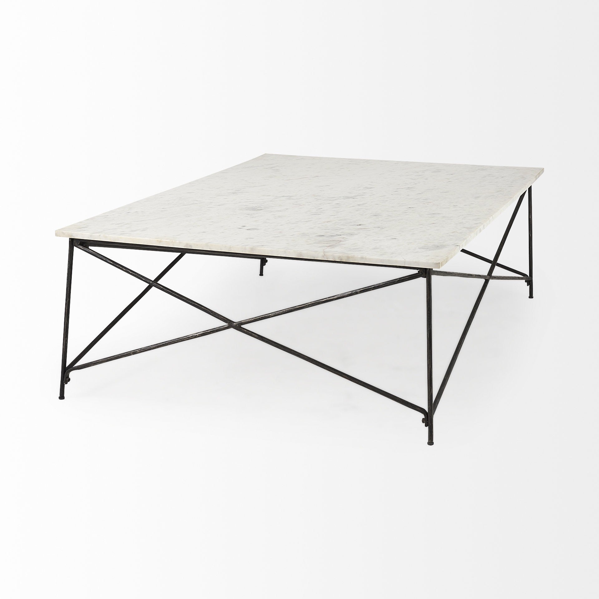 White marble coffee table with black metal X-frame and corner legs