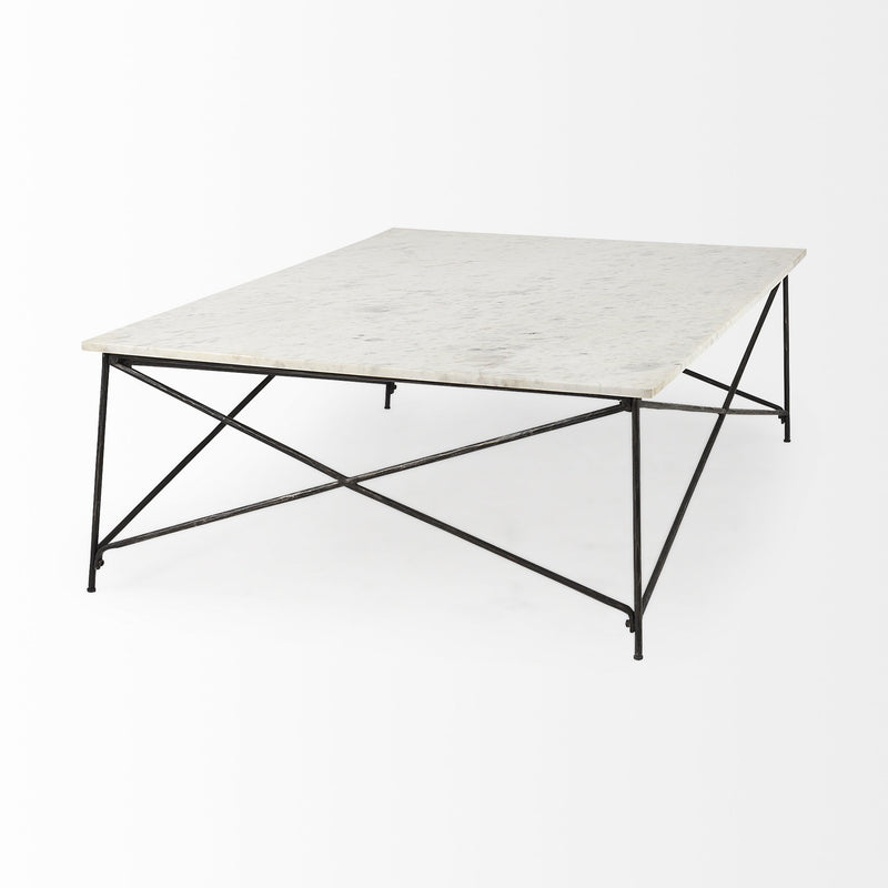 White marble coffee table with black metal X-frame and corner legs