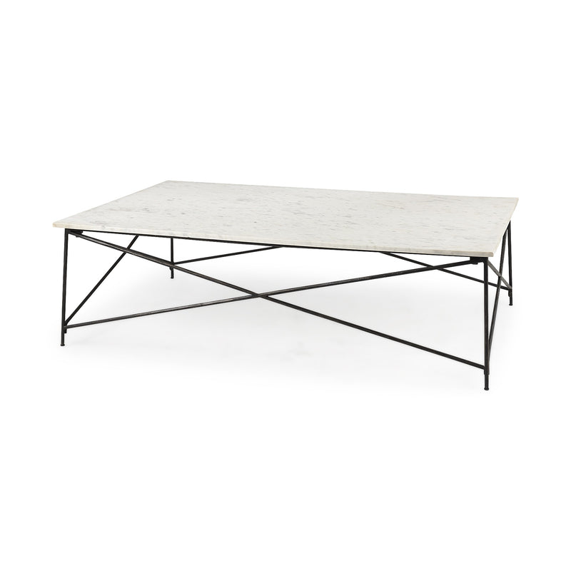 White marble coffee table with black metal crisscross base