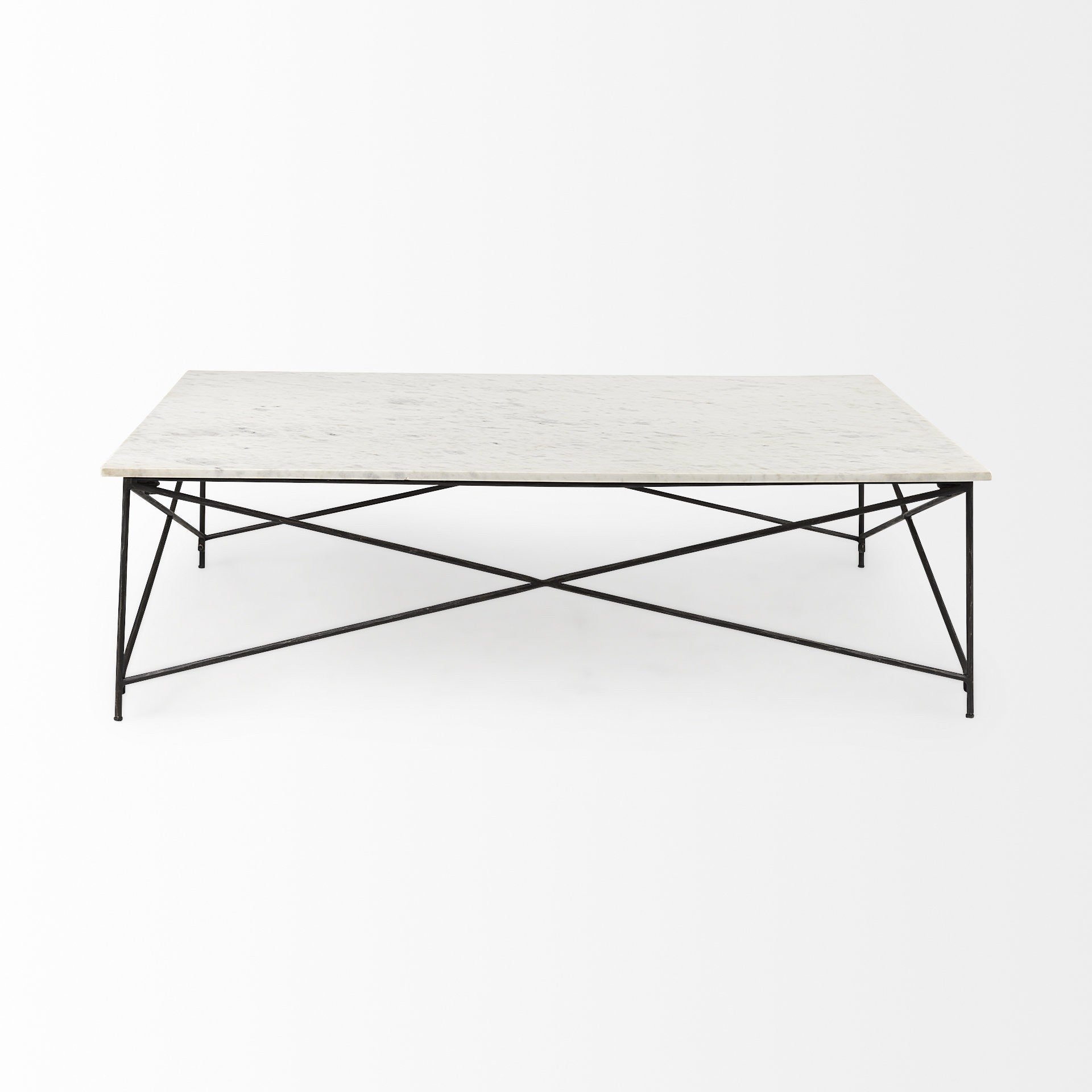 White marble coffee table with black metal geometric base frame