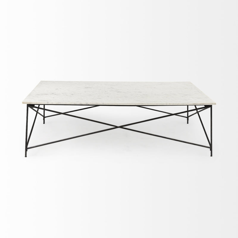 White marble coffee table with black metal geometric base frame