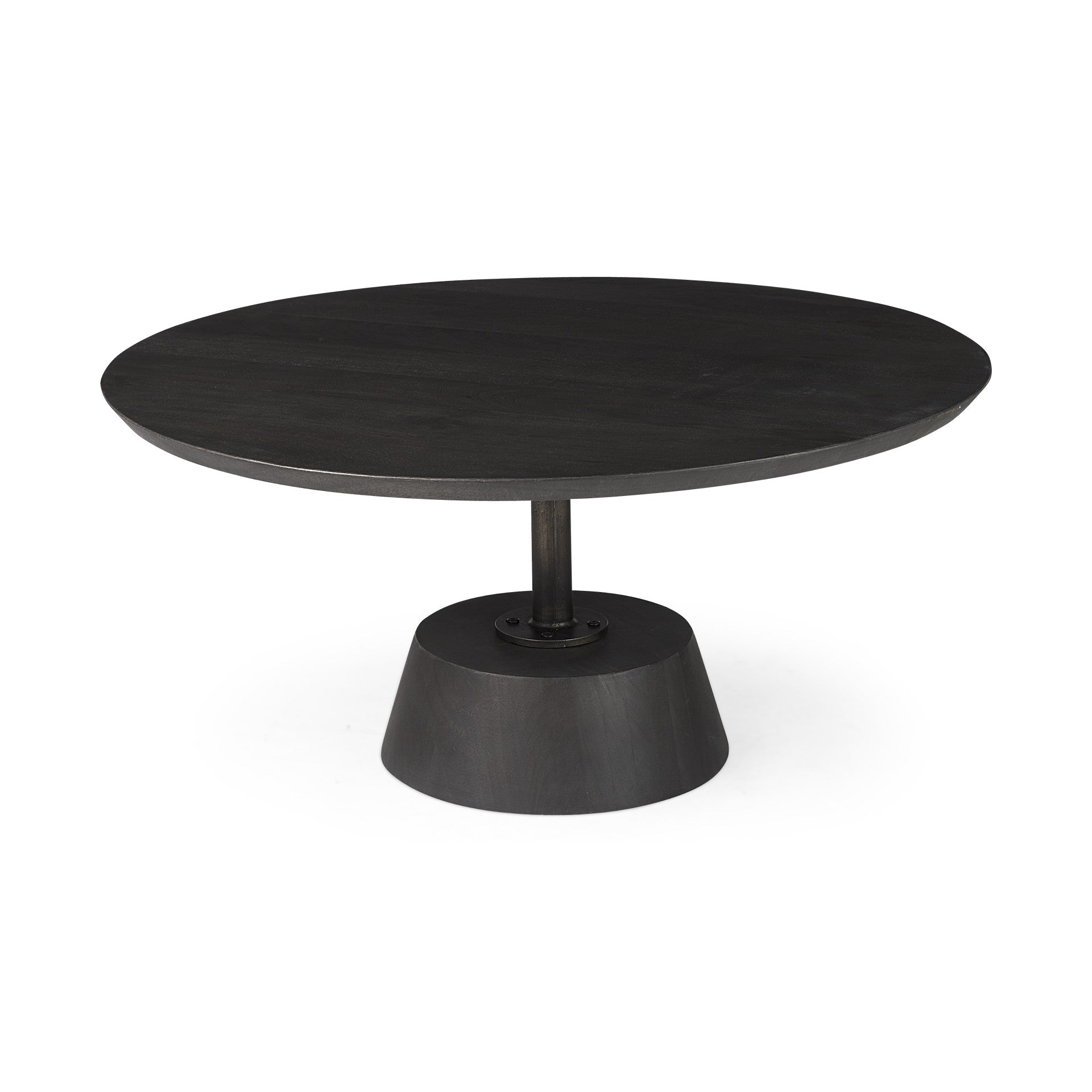 32" Dark Brown and Black Solid Wood and Iron Round Pedestal Coffee Table - Living Room