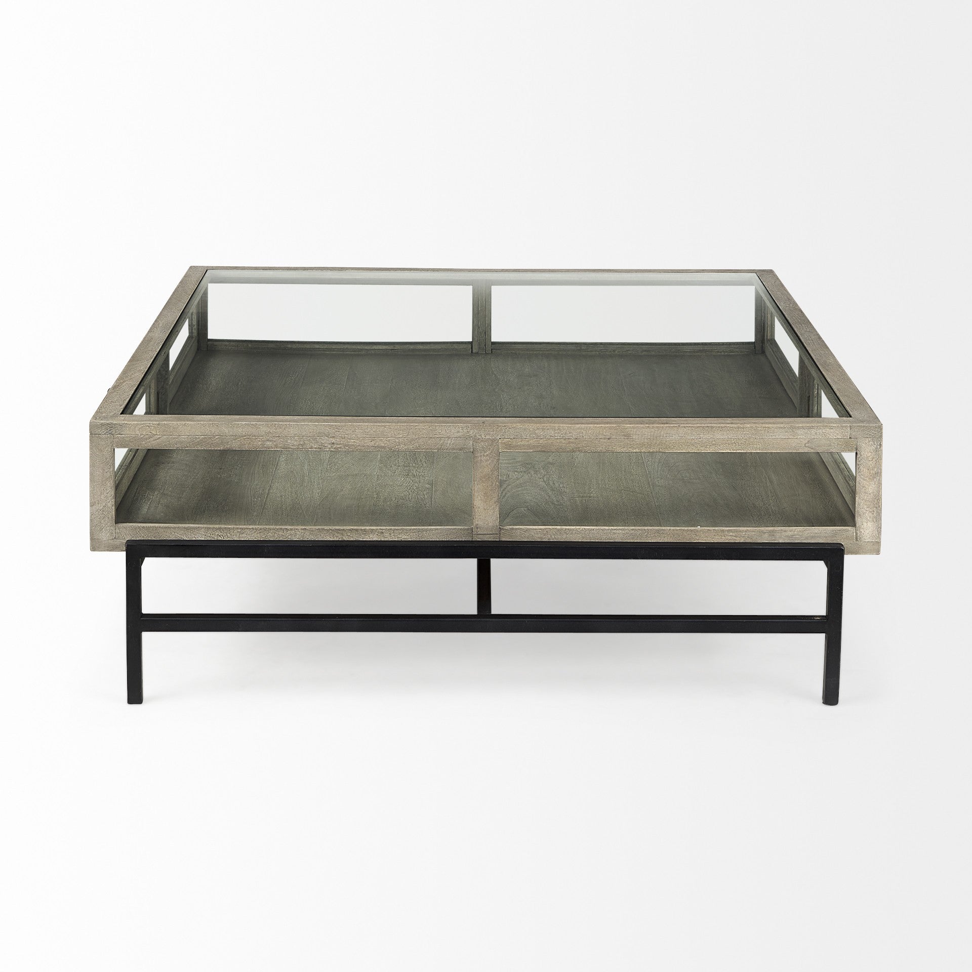 Square coffee table with gray wood-look frame, black legs, glass top, open shelf