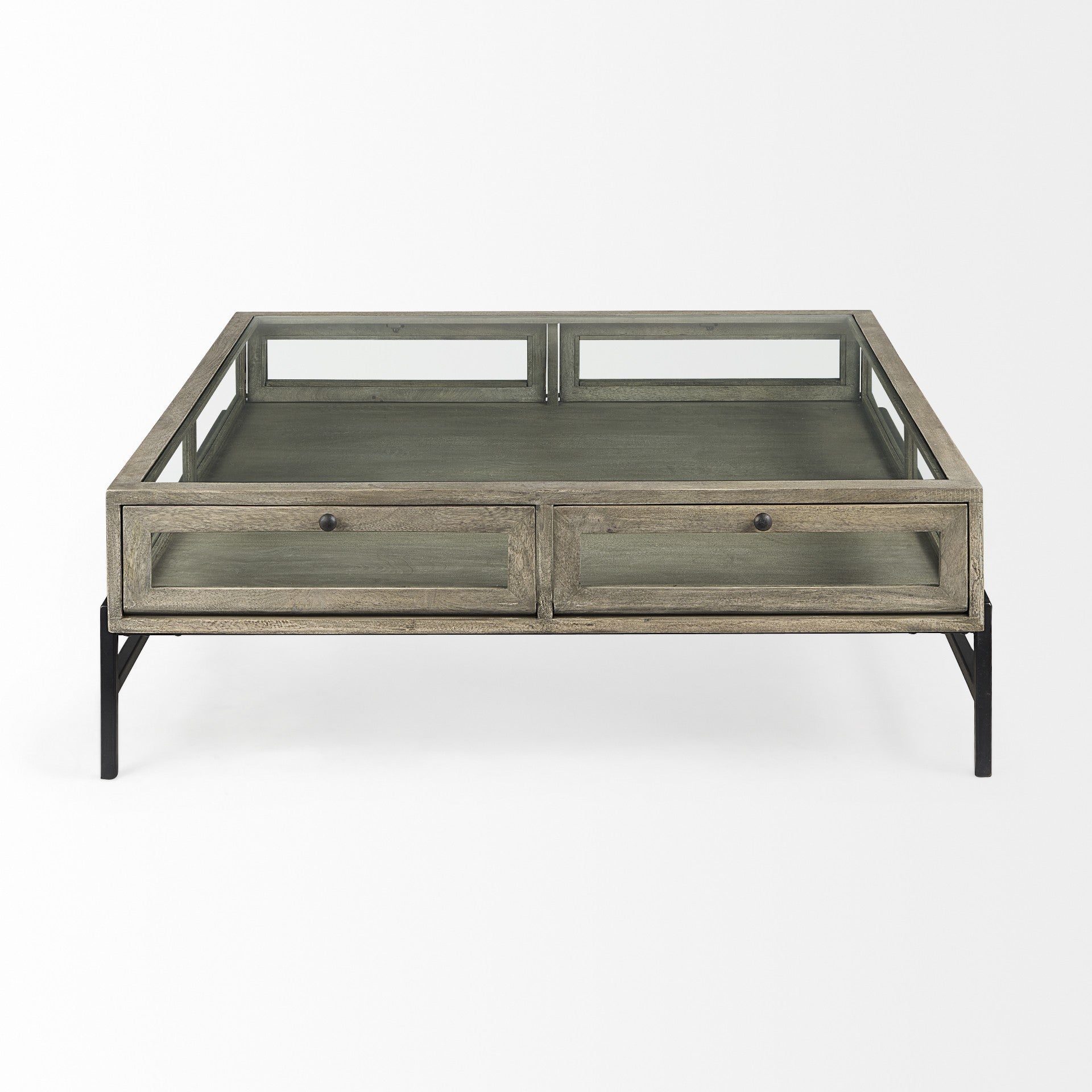 Square coffee table with gray wood-look drawers, glass tabletop, black legs