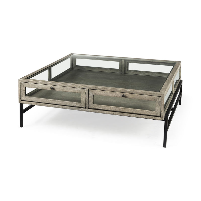 Square coffee table with glass tabletop and two drawer cabinets, gray wood-look finish