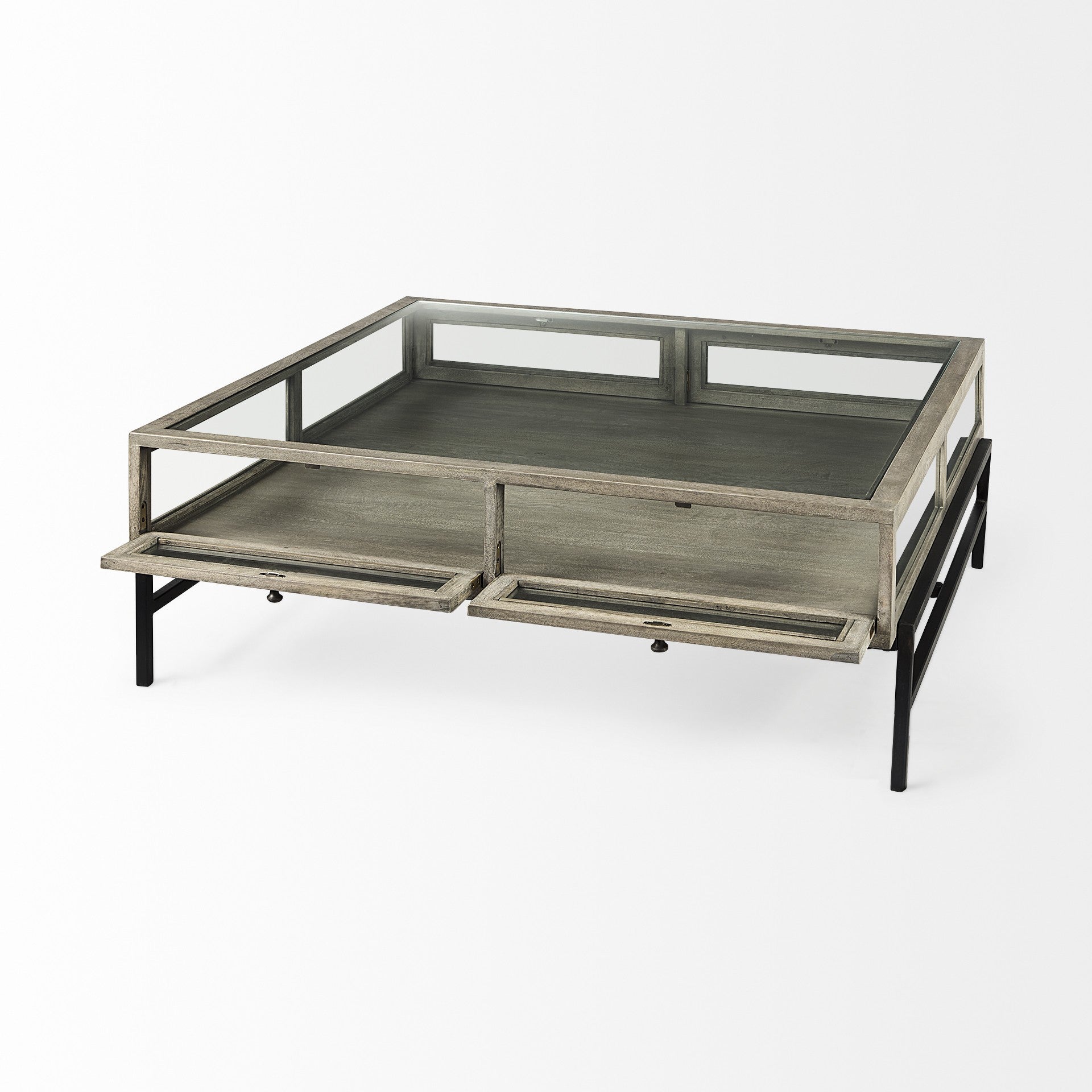 Square coffee table with glass top and two drawers, gray wood-look finish, black supports