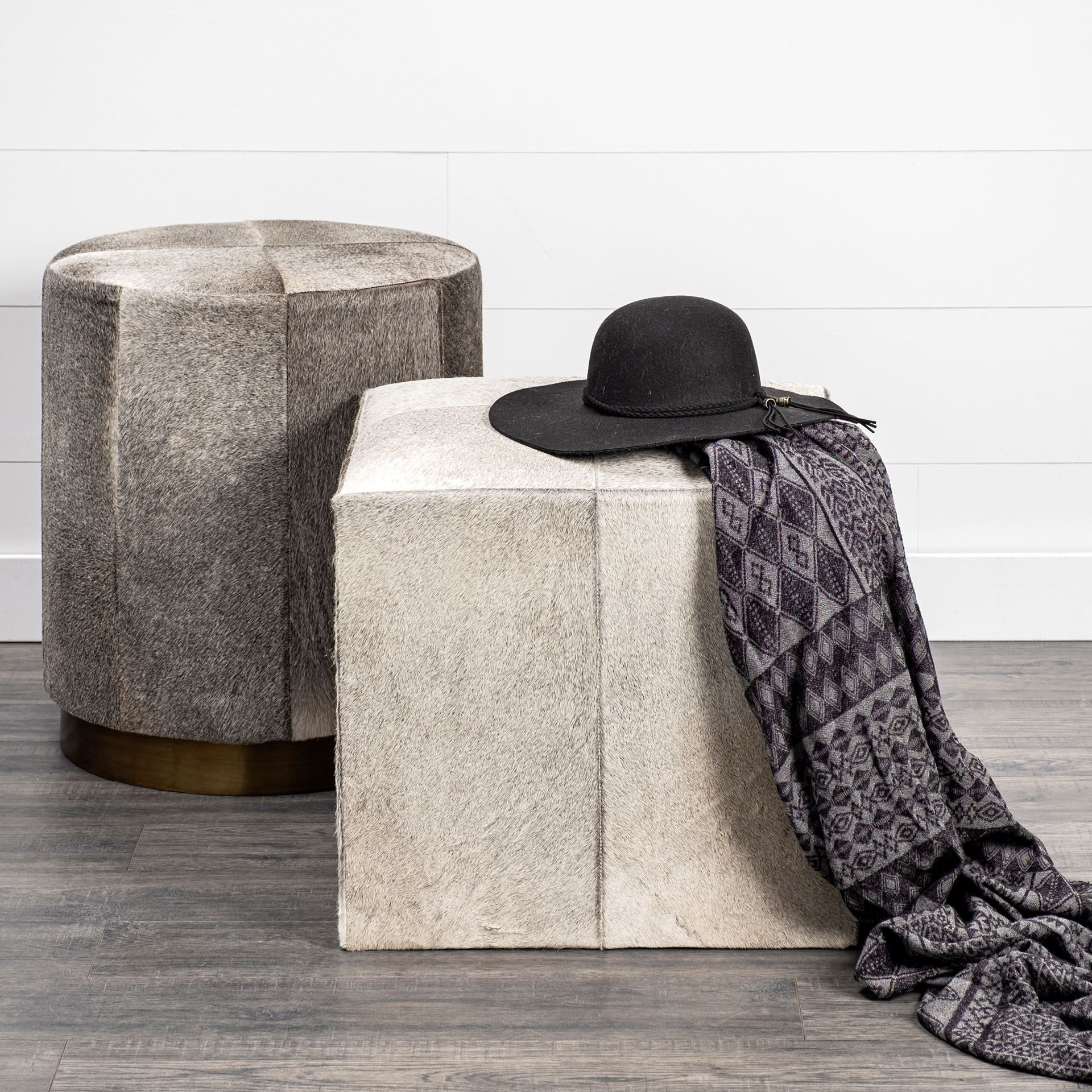 20" Gray Fabric and Wool Cube Ottoman - Living Room