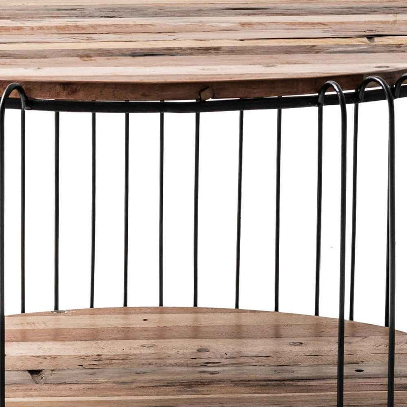 32" Natural And Black Solid Wood And Steel Round Coffee Table With Shelf