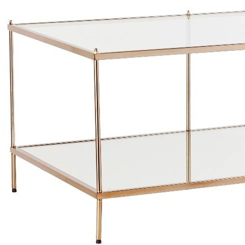 Gold metal framed glass coffee table with open lower shelf