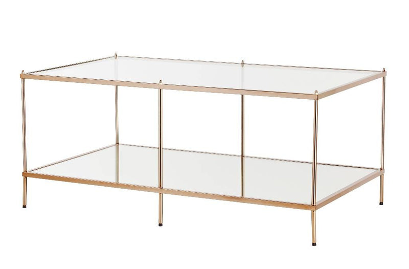 Rectangular glass coffee table with gold metal legs and two glass shelves