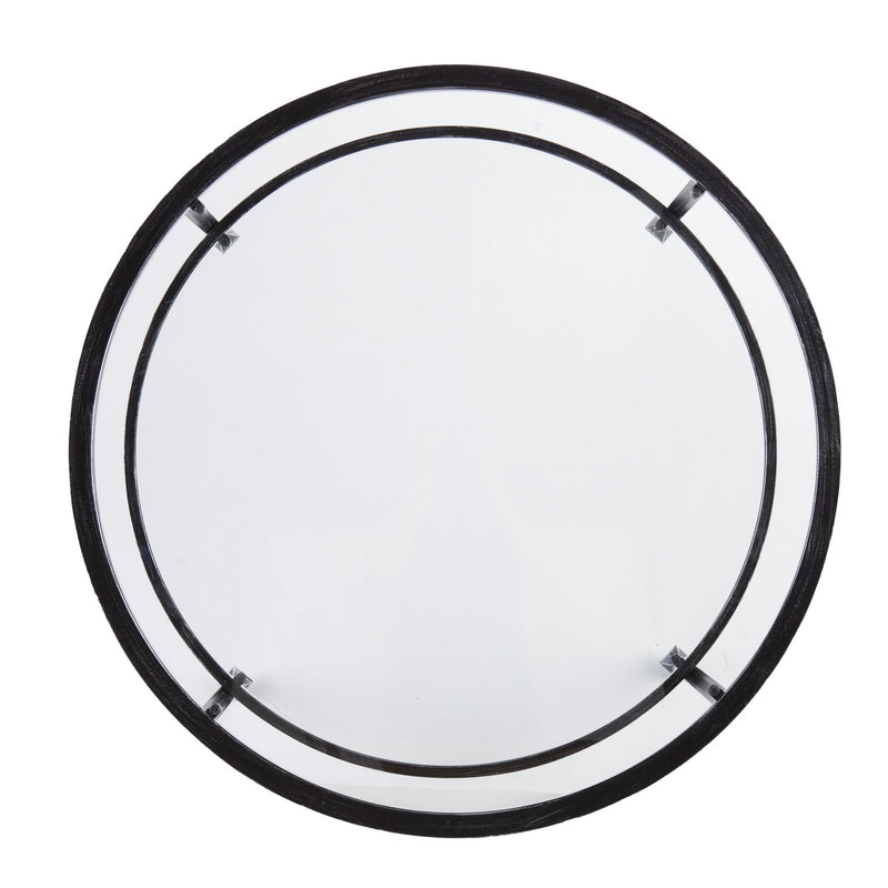 Round glass coffee table top view with black metal rim and supports