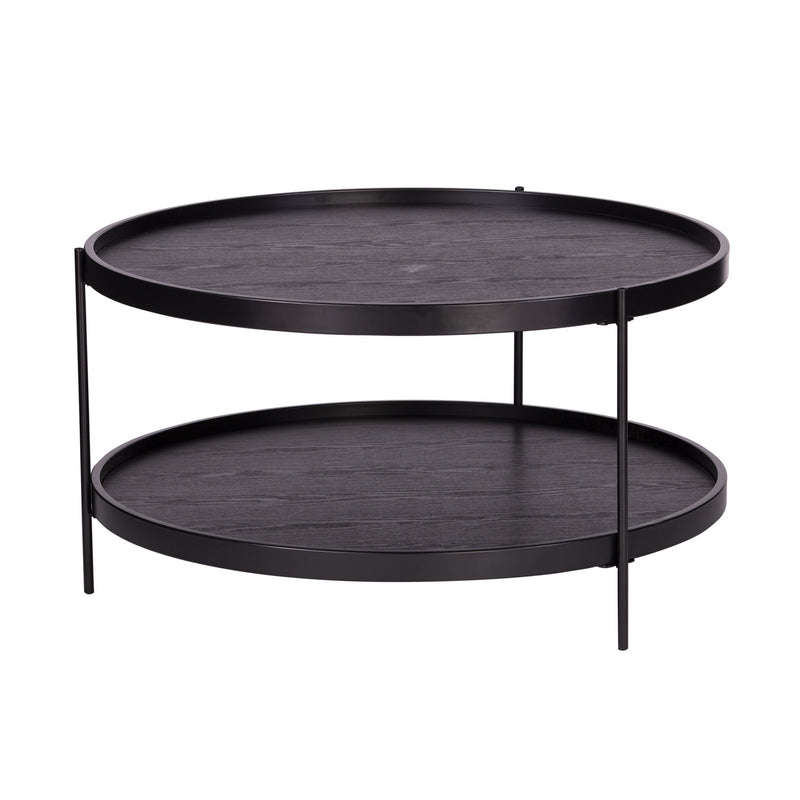 Round two-tier coffee table, dark wood top and bottom shelves with black metal frame