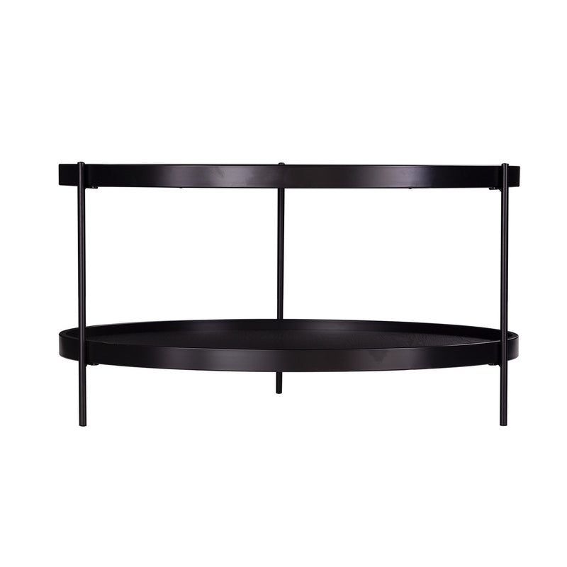 Round two-tier coffee table with black metal legs and dark wood circular shelves