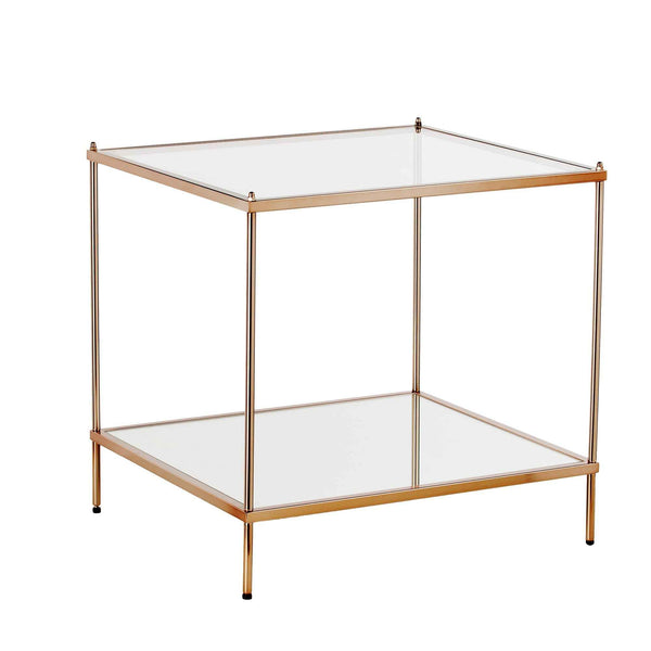 22" Clear And Gold Glass And Iron Square End Table With Shelf