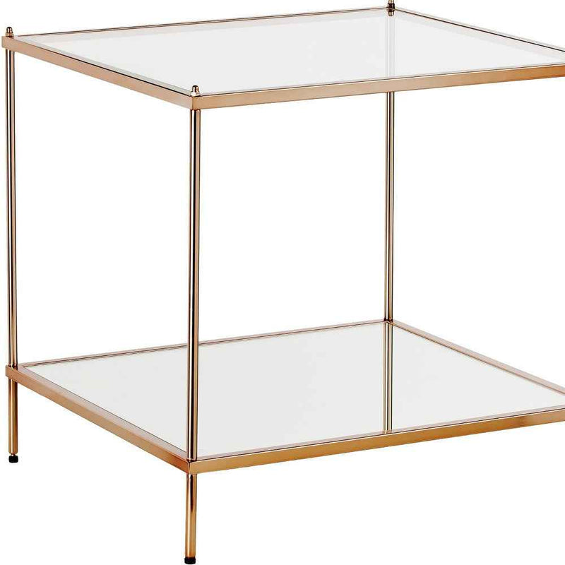 22" Clear And Gold Glass And Iron Square End Table With Shelf