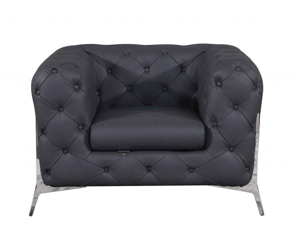 45" Dark Slate Gray And White Italian Leather Arm Chair