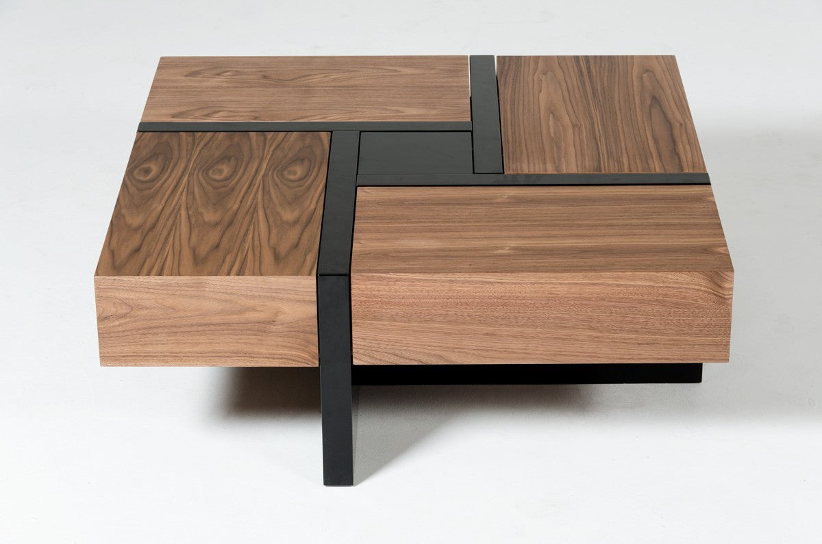 Wood square coffee table with black frame, four drawers, dark top insert