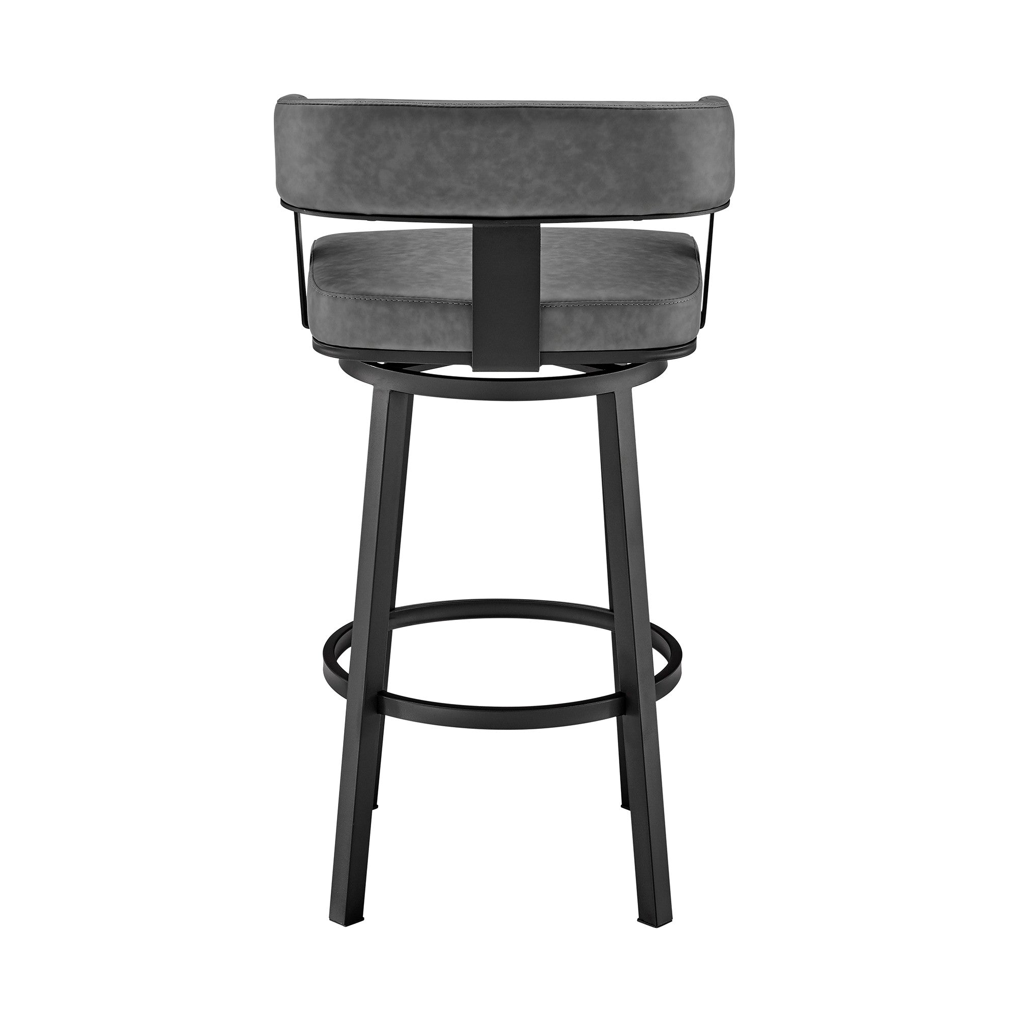 26" Gray And Black Faux Leather And Fabric And Iron Low Back Counter Height Swivel Bar Chair - Living Room