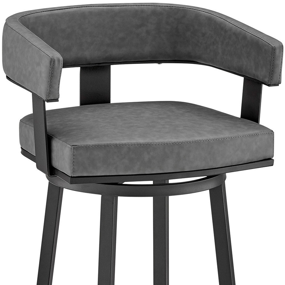 26" Gray And Black Faux Leather And Fabric And Iron Low Back Counter Height Swivel Bar Chair - Living Room