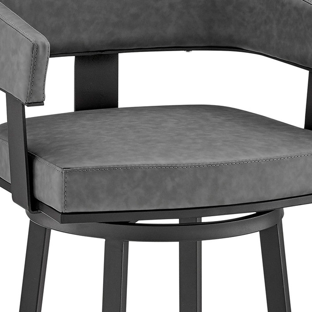 26" Gray And Black Faux Leather And Fabric And Iron Low Back Counter Height Swivel Bar Chair - Living Room