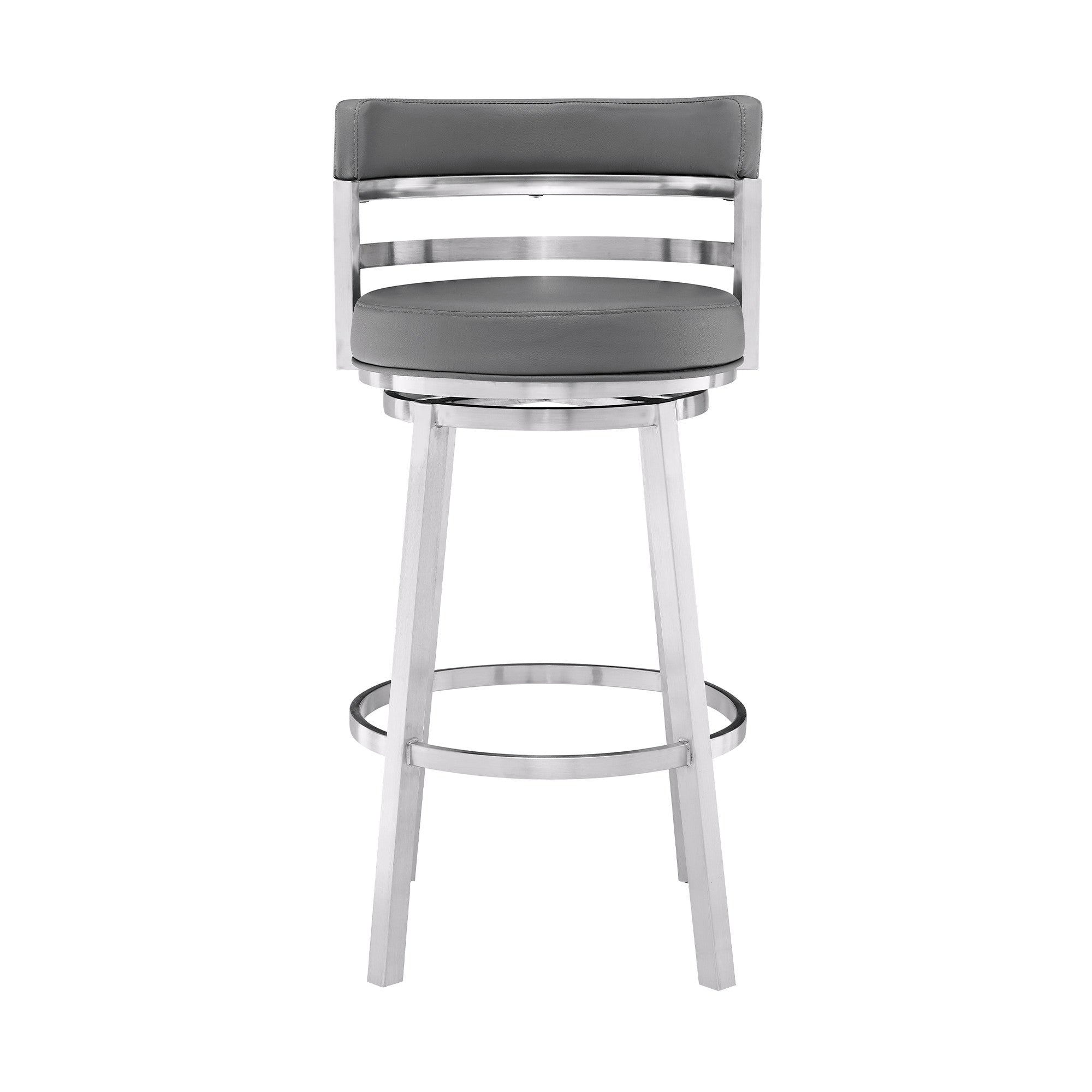 26" Gray And Silver Faux Leather And Faux Leather And Iron Low Back Counter Height Swivel Bar Chair - Living Room